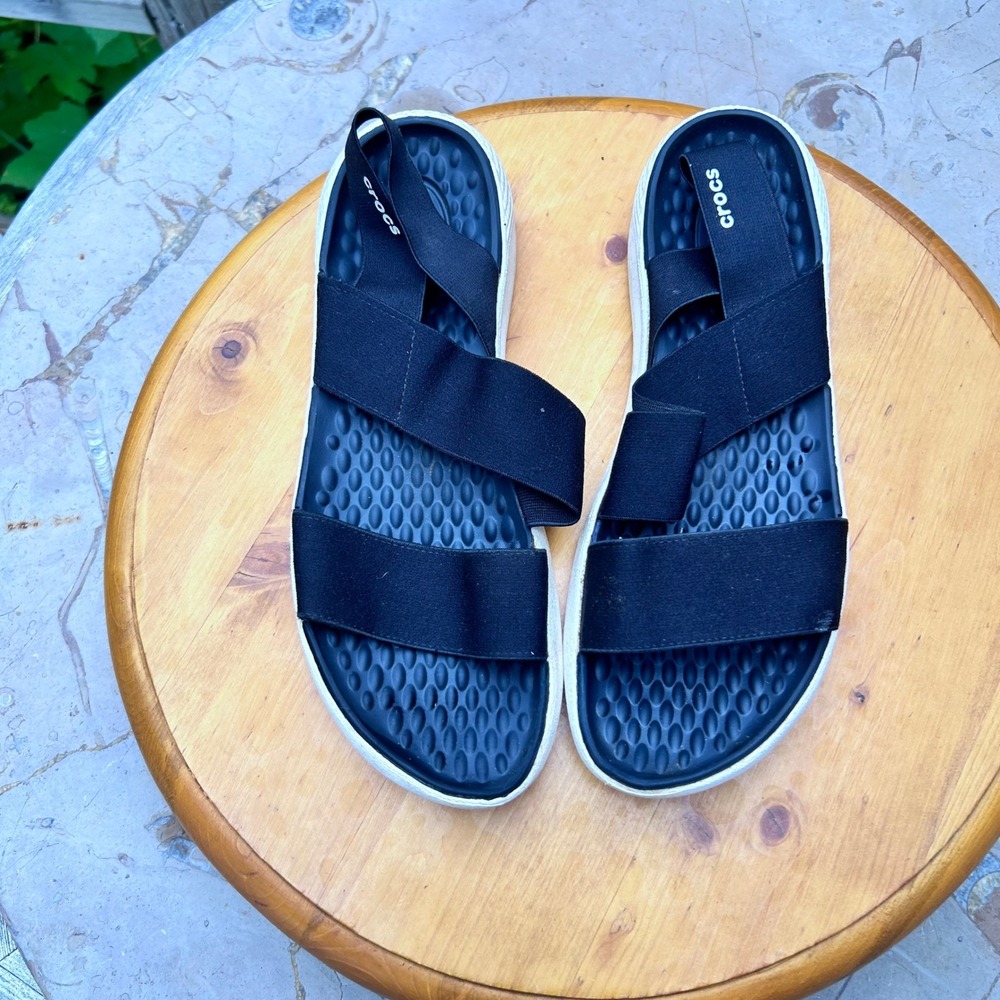LiteRide Stretch Sandals Womens Size 10 Black White Comfort Walking Crocs
